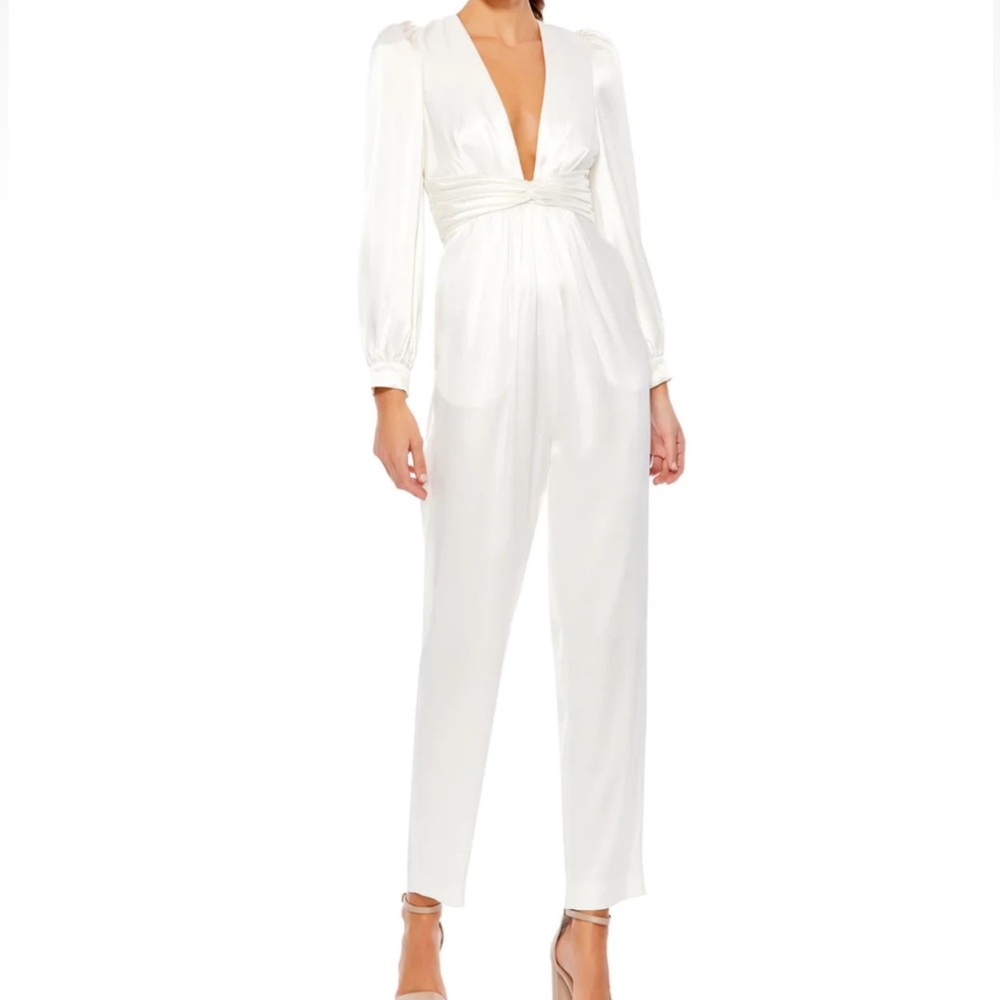 Ieena for Mac Duggal Long Sleeve Ruched Plunging-Neck Jumpsuit
